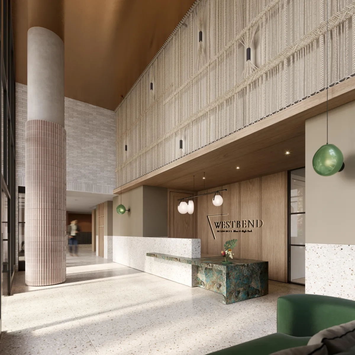 The grand, warm-toned lobby at Westbend Residences featuring wood-slat walls and high ceilings.