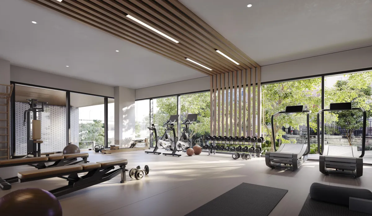 State-of-the-art fitness centre and yoga studio with floor-to-ceiling windows at Westbend Residences.