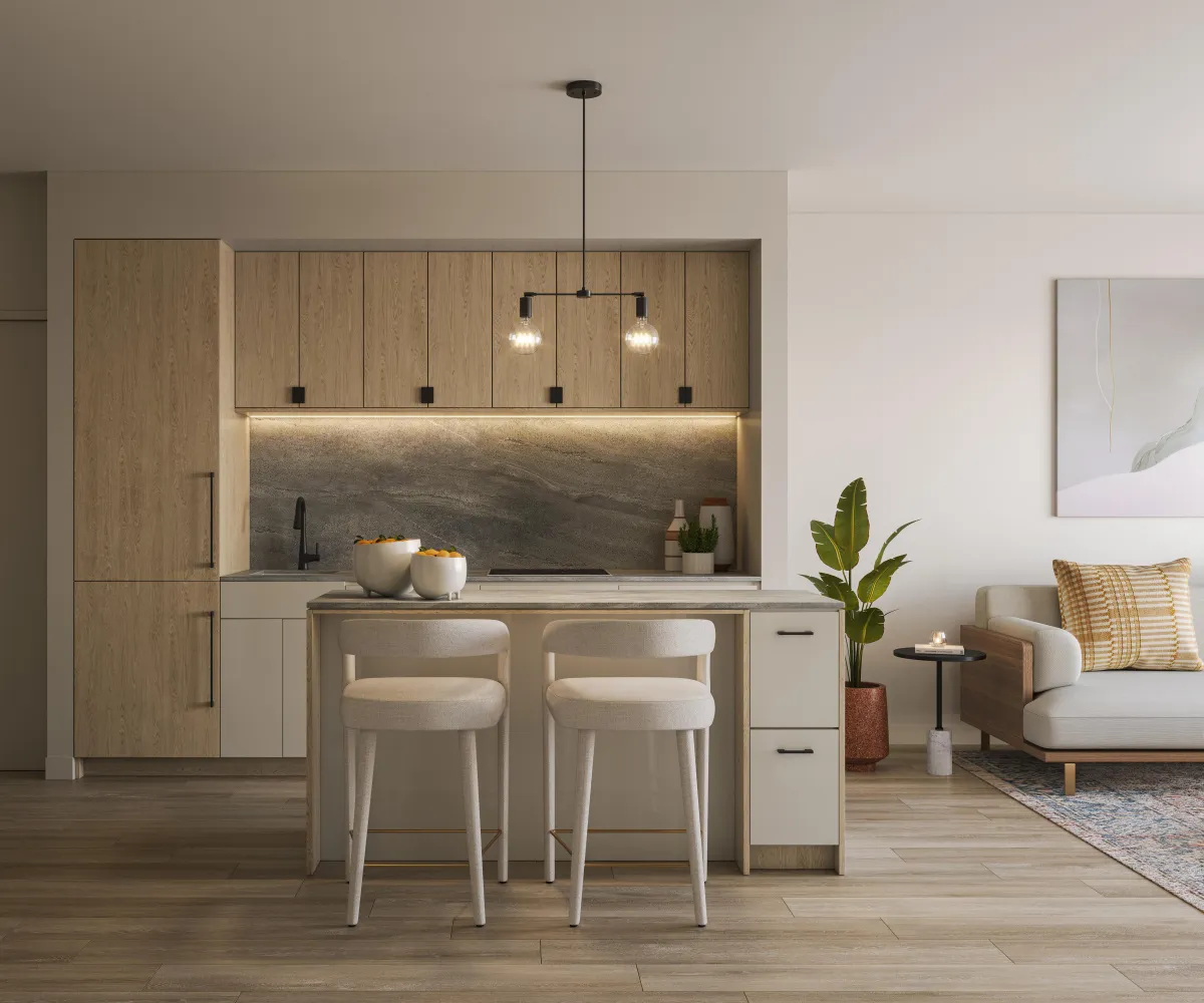 Modern open-concept kitchen at 875 The Queensway Maxium Condos featuring integrated appliances and minimalist cabinetry.