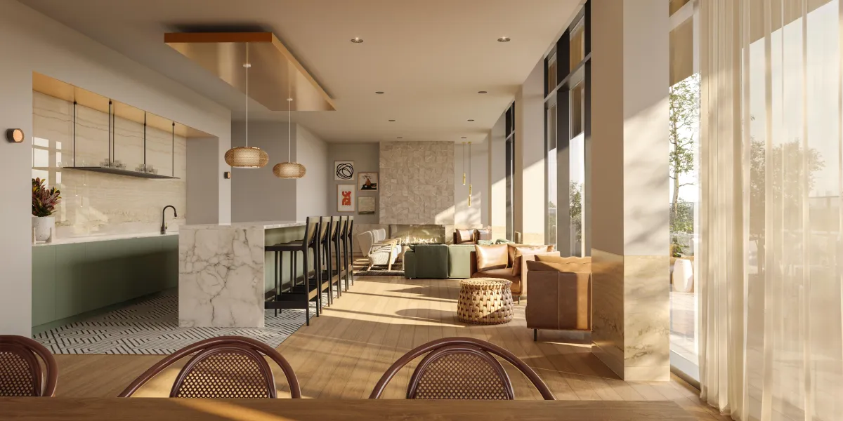 Designer social lounge and bar area for entertaining guests at Westbend Residences.