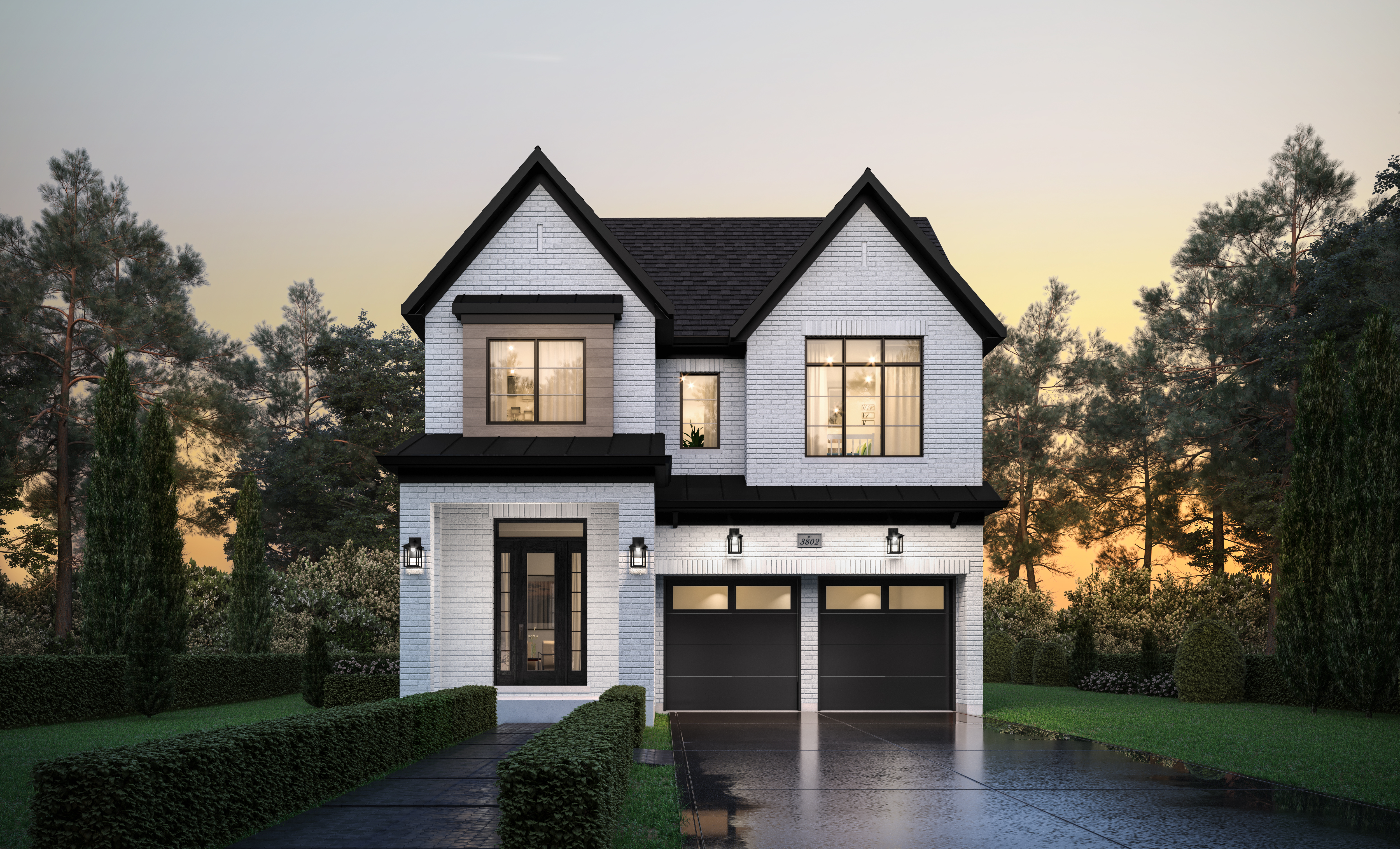 Gahan Elevation B executive home design with large windows and modern roofline by Hallett Homes.