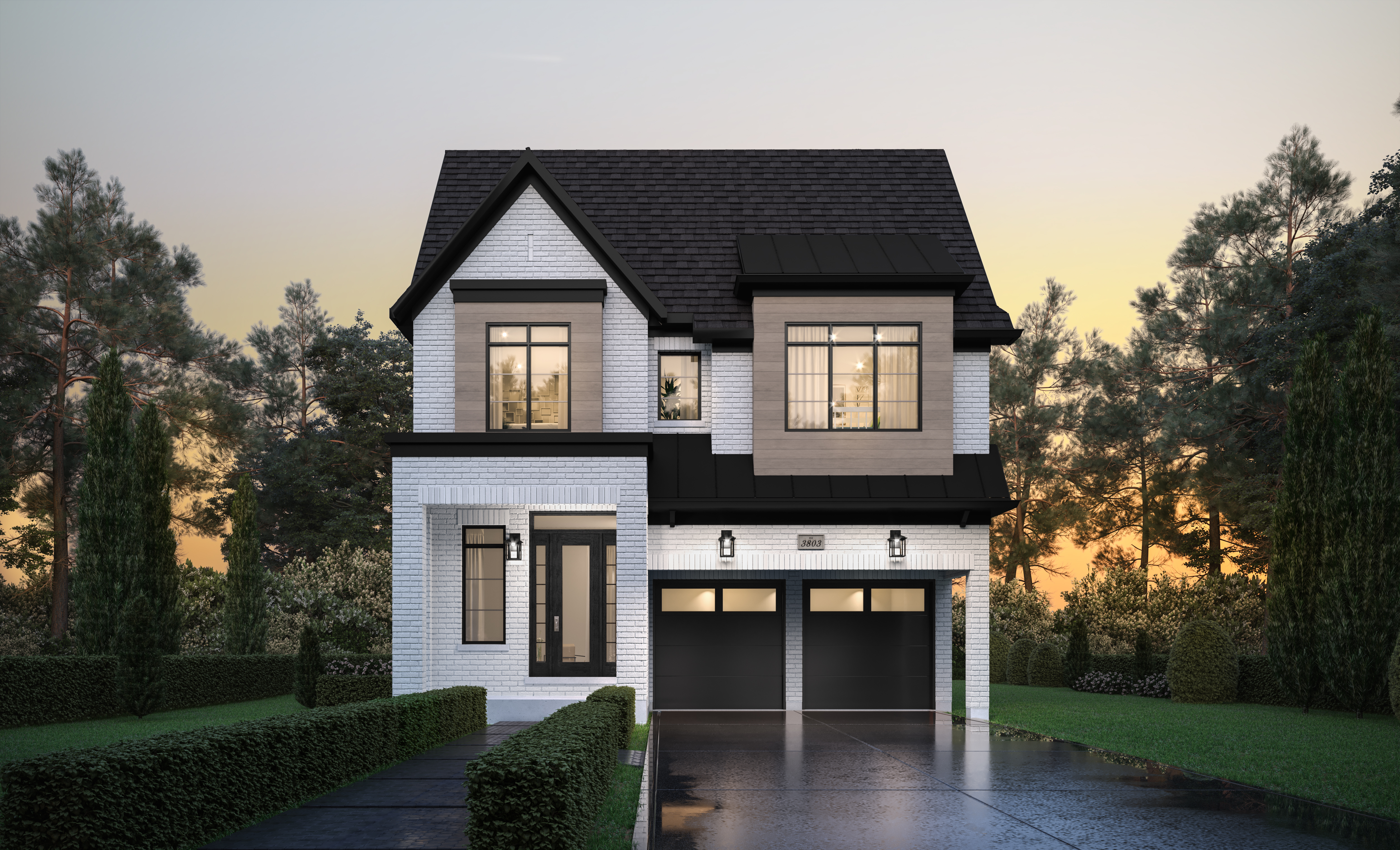 Modern luxury Gahan Elevation C rendering featuring high-end exterior accents by Hallett Homes.