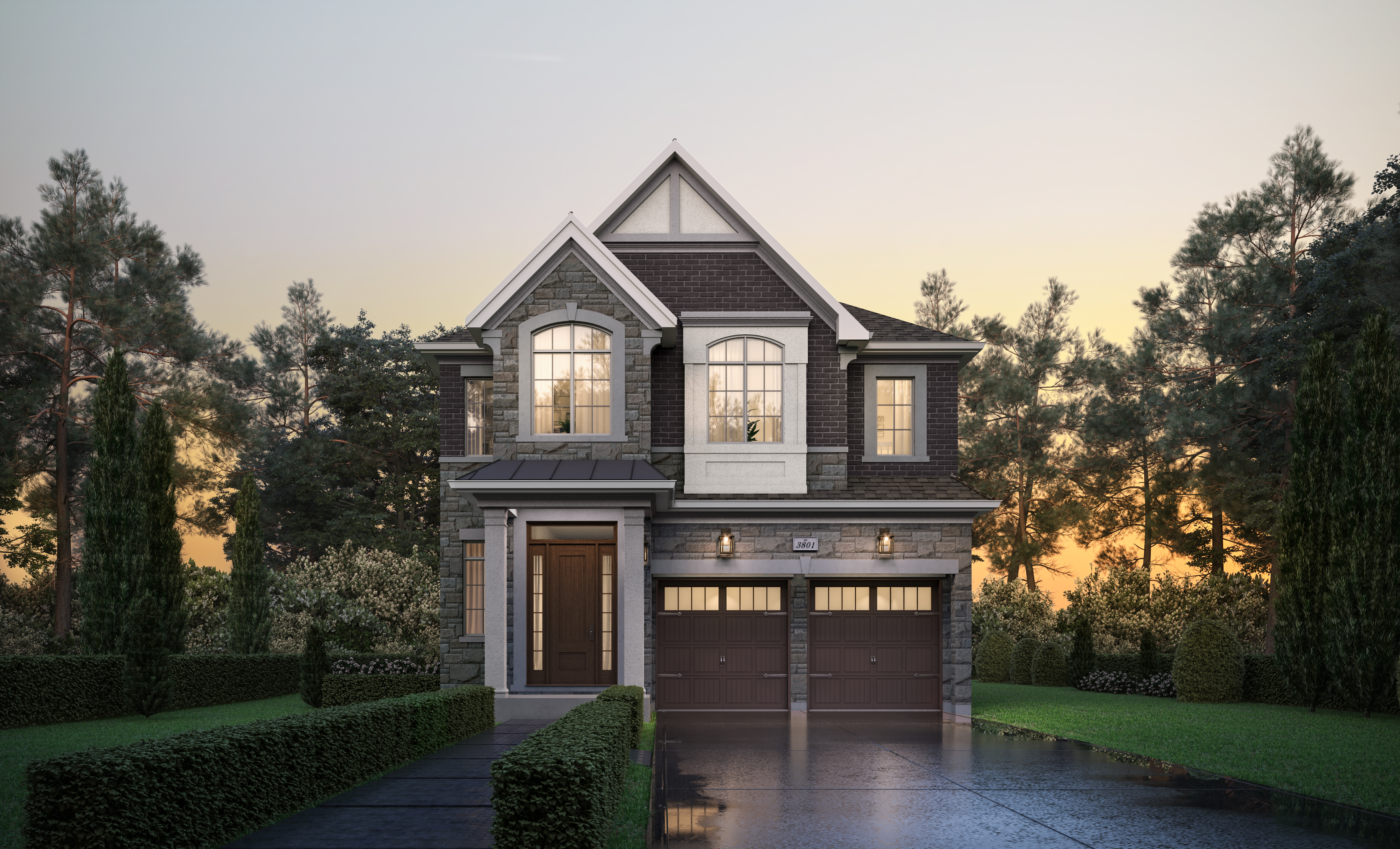 1161 Dundas St E, Joshua Creek Montage by Hallett Homes streetscape rendering showcasing luxury detached custom homes with elegant stone and brick facades in North Oakville.