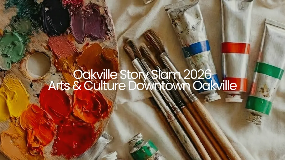 The exterior of the Oakville Centre for the Performing Arts at night with event posters.