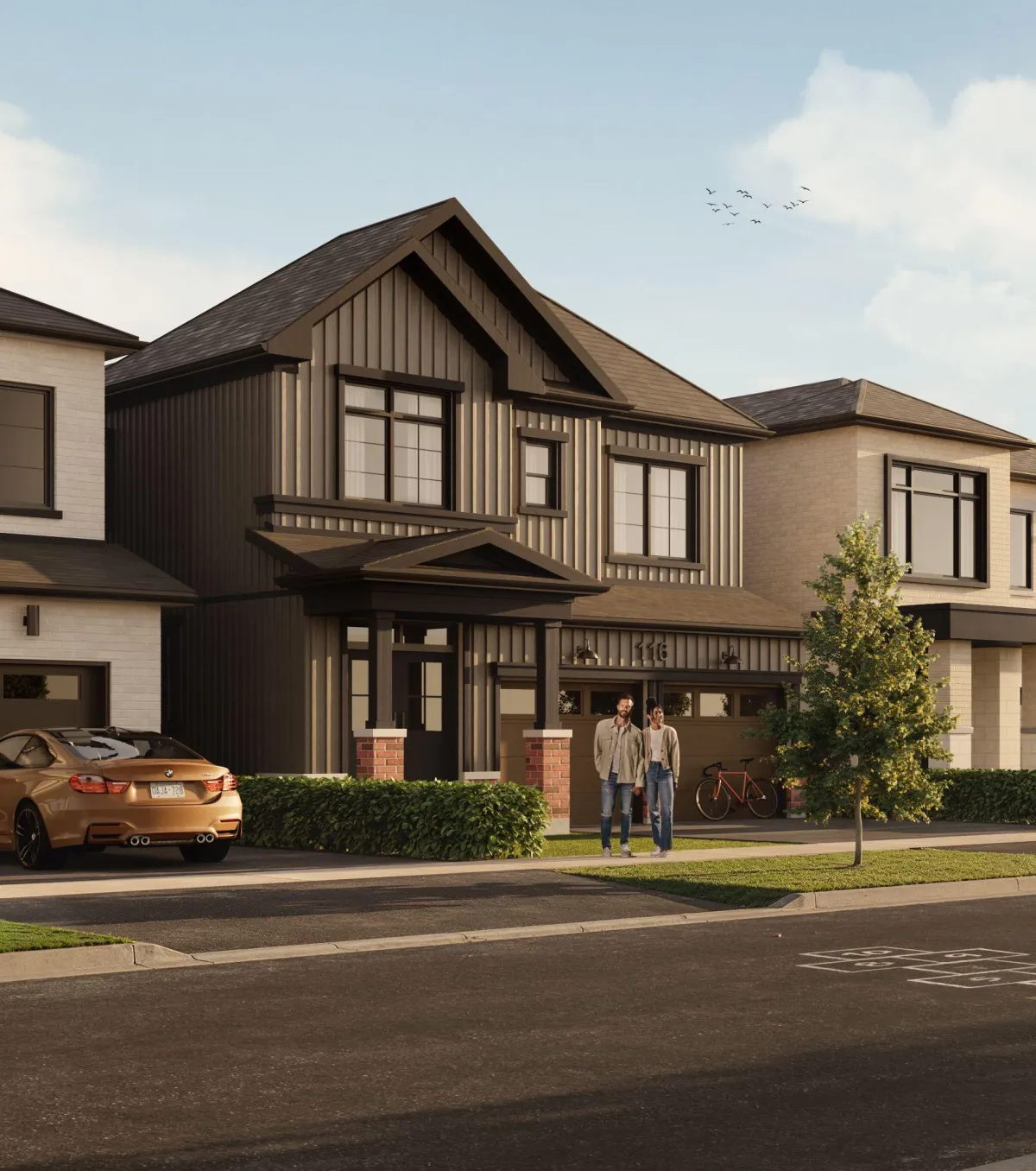 Modern single detached home at Wild Indigo Breslau, featuring contemporary architectural design and professional landscaping.