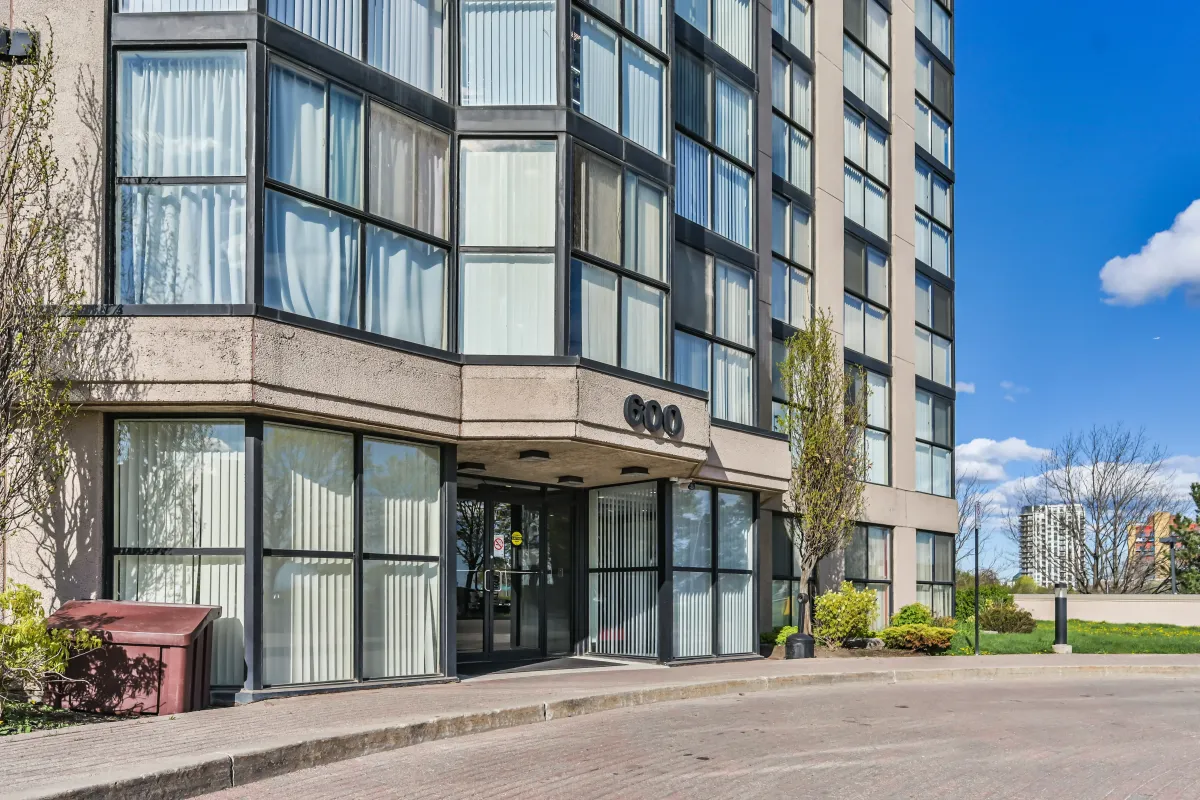 Modern glass exterior and main entrance of 600 Rexdale Blvd.