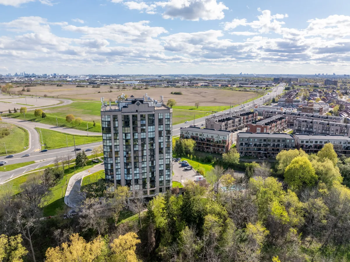 High-angle view of Riverpark Condos overlooking the Humber River valley.