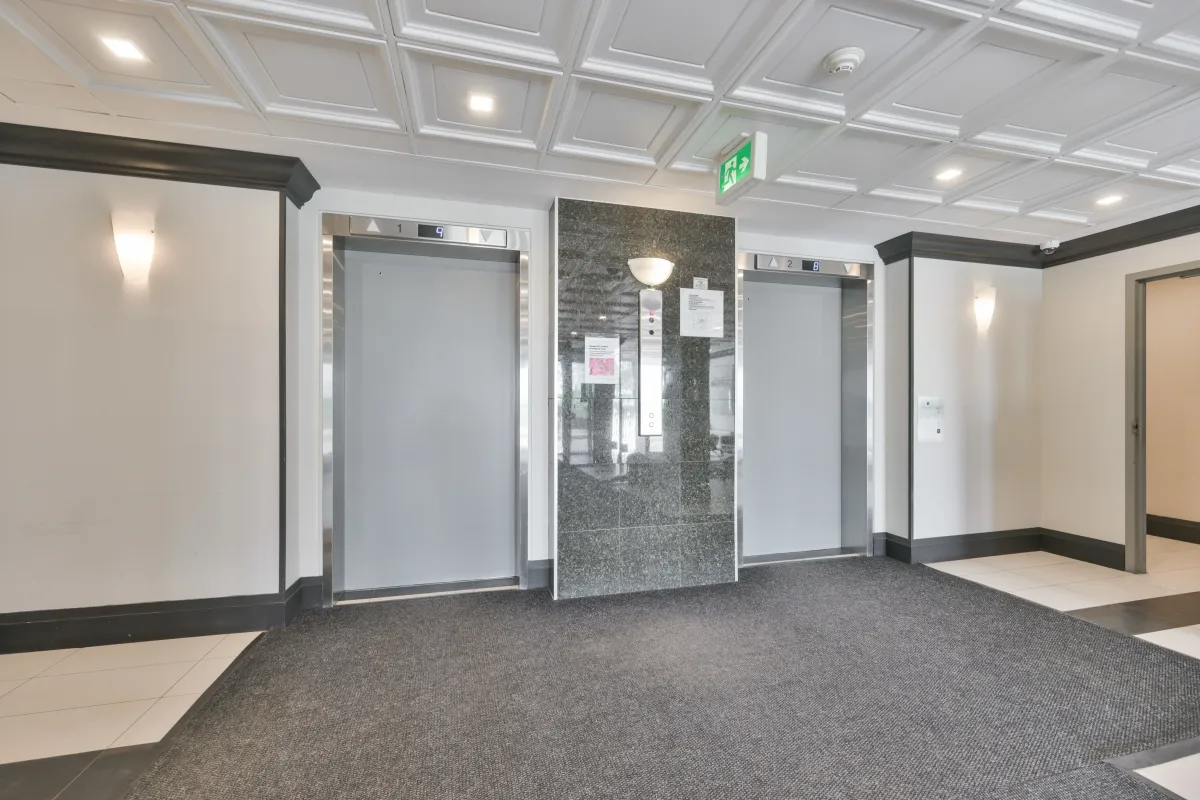 Secure elevator bank and lobby area inside 600 Rexdale Blvd.