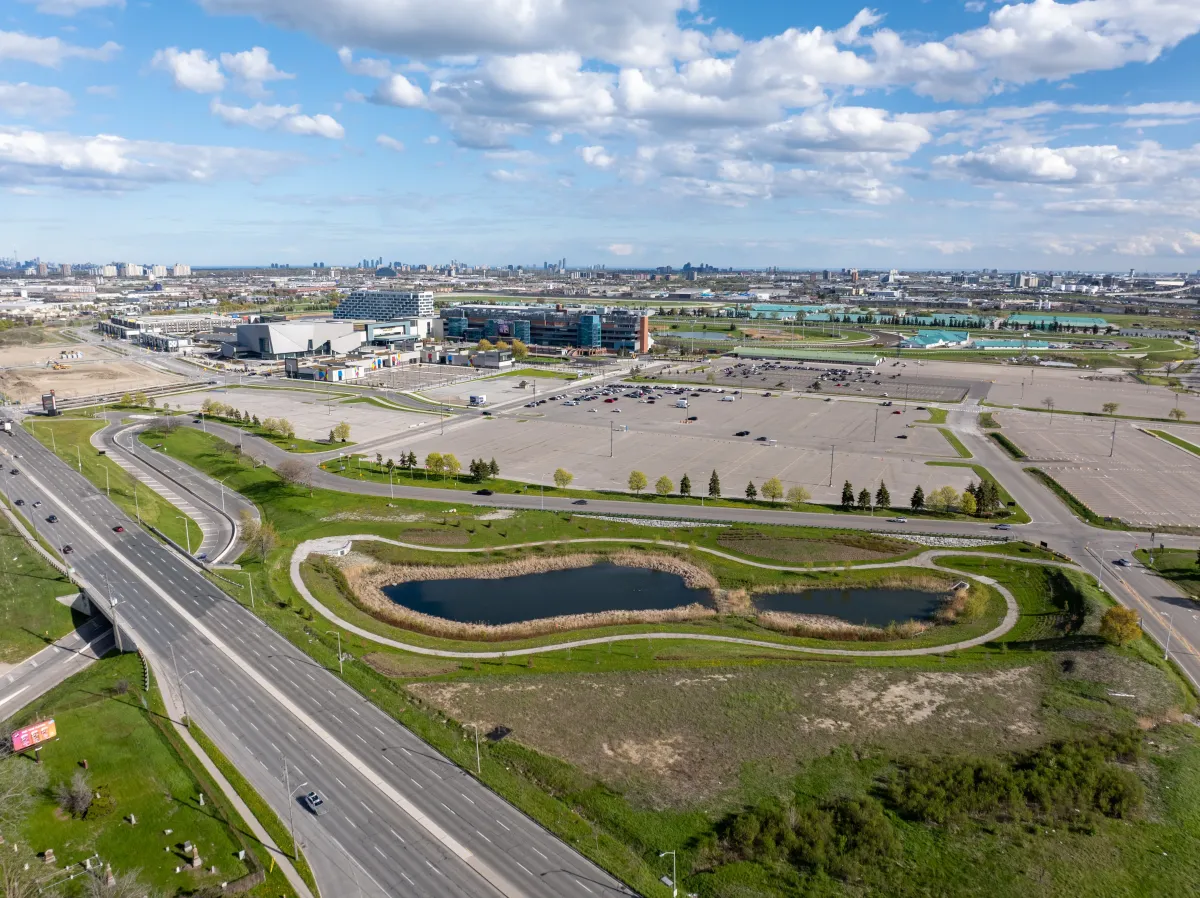 Wide-angle aerial shot of the surrounding landscape near 600 Rexdale Blvd.