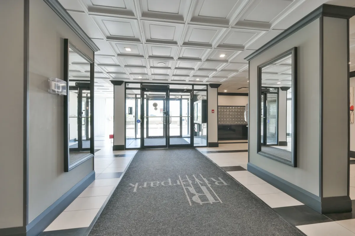 Clean and spacious main lobby entrance and foyer of 600 Rexdale Blvd.