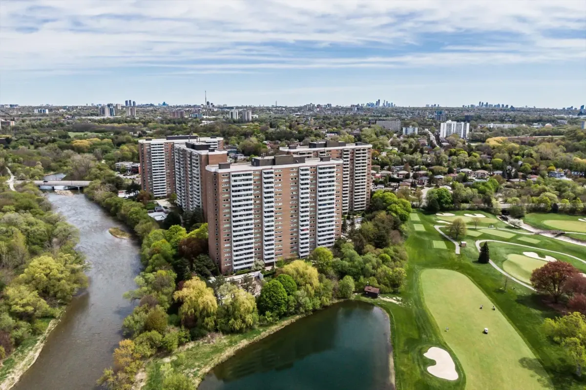 Wide bird's-eye view of the Humber River valley and the high-rise properties at 240 Scarlett Rd #912.