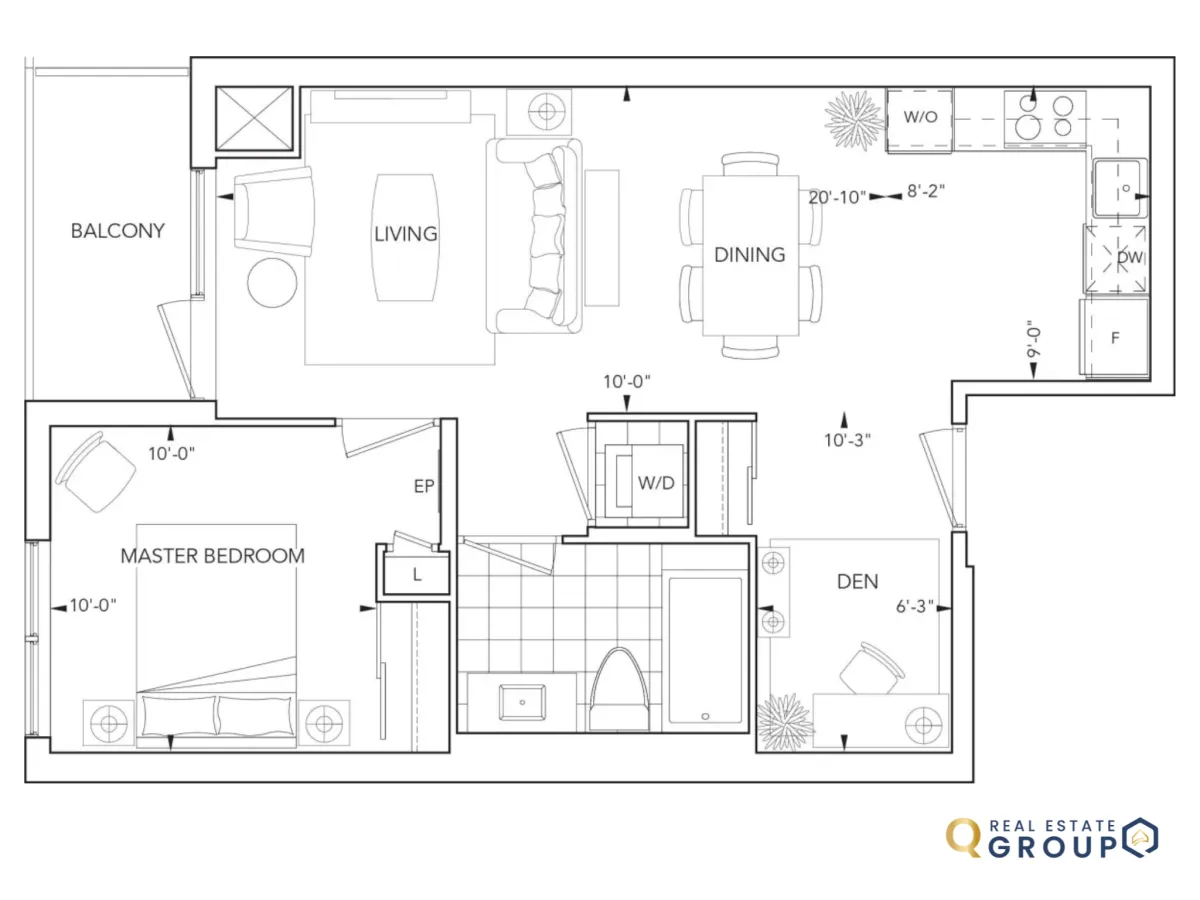 Detailed 1-bedroom plus den layout for 120 Harrison Garden Blvd, showing efficient open-concept design and terrace access.