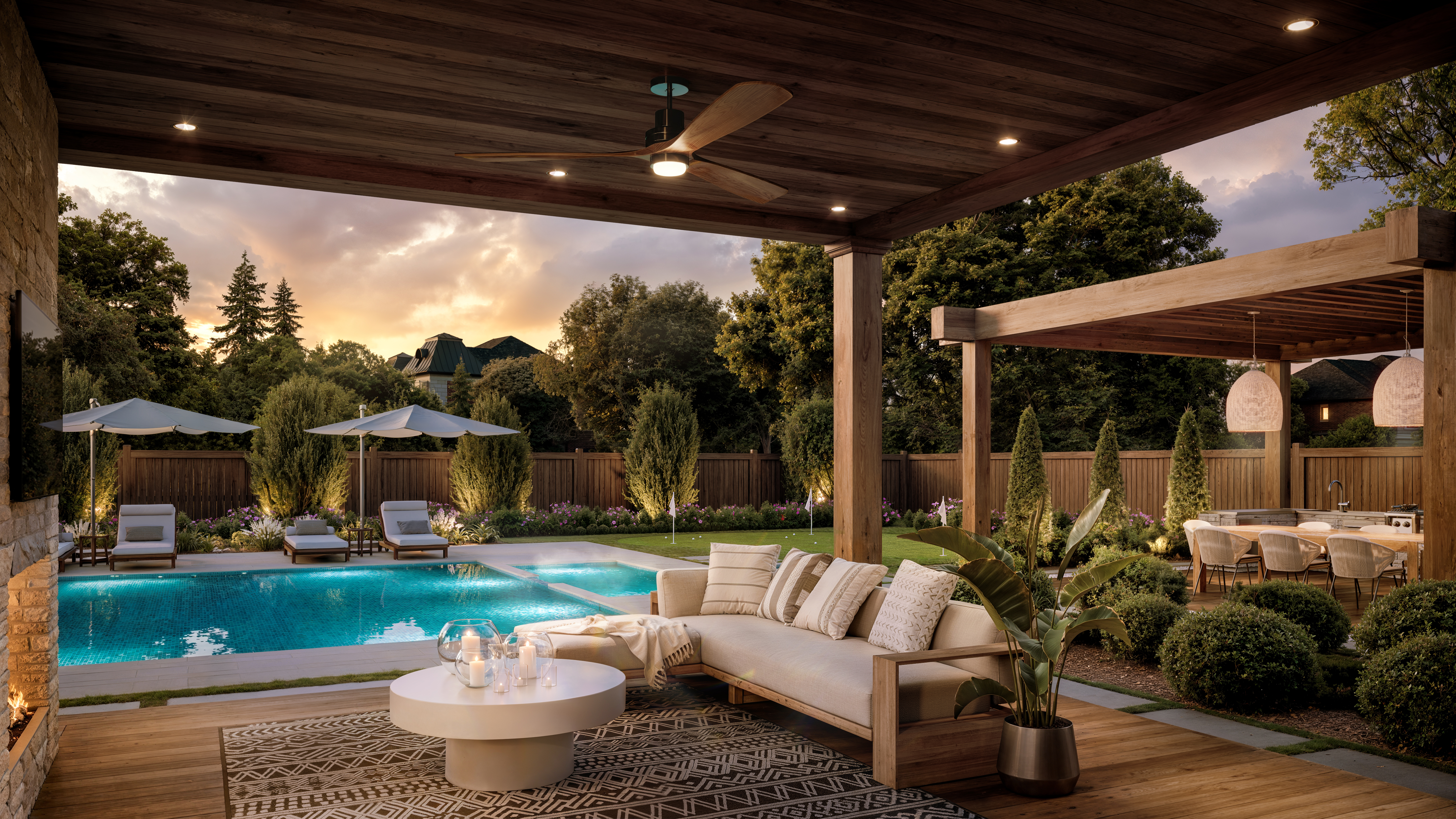 4211 Millcroft Park Dr, Burlington rendering of a luxury backyard oasis featuring a covered patio living space, inground swimming pool, and landscaping at The Legacy.