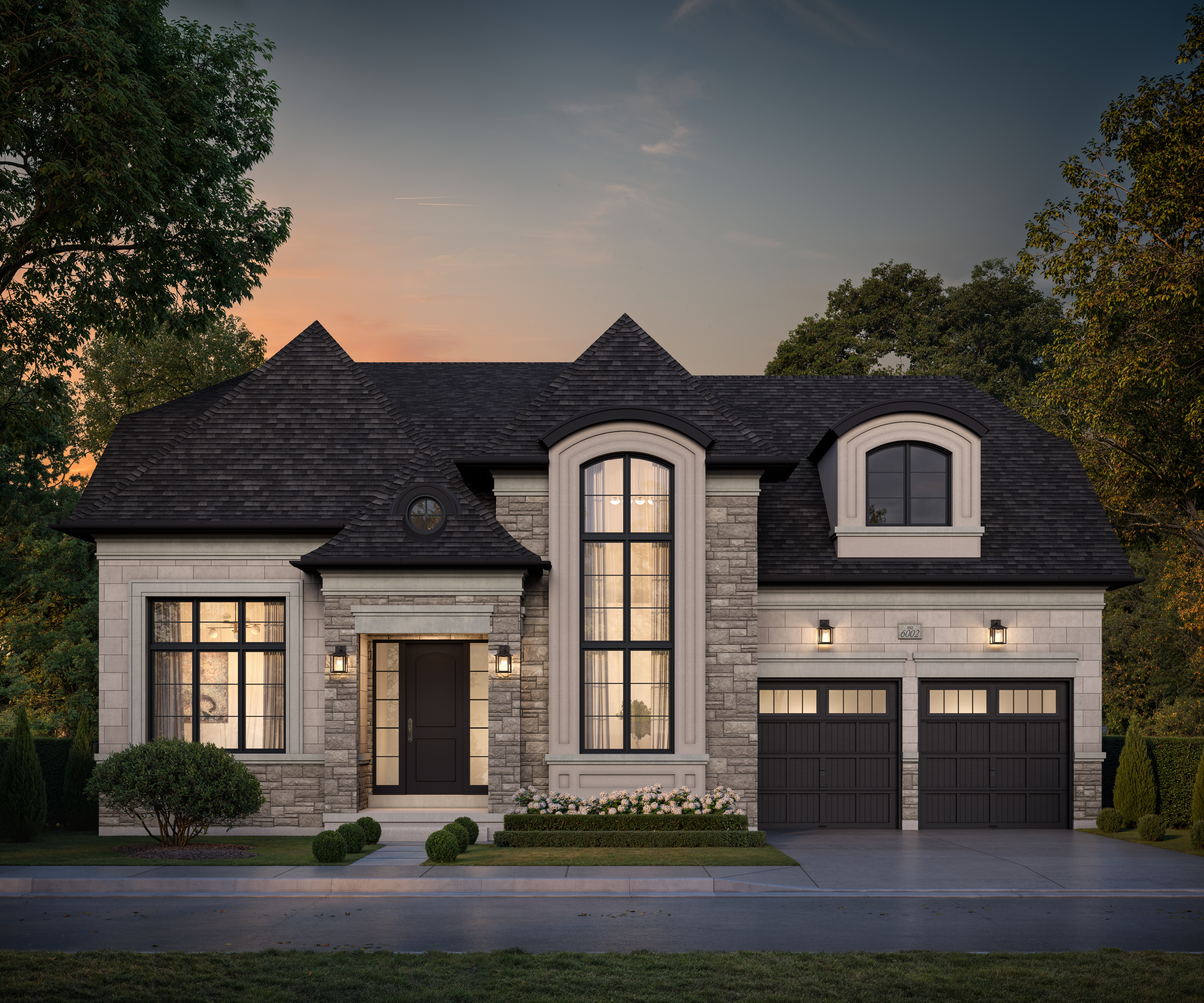 4211 Millcroft Park Dr, Burlington architectural rendering of a premium 1-storey luxury freehold bungalow with stone facade and a double-car garage at The Legacy.
