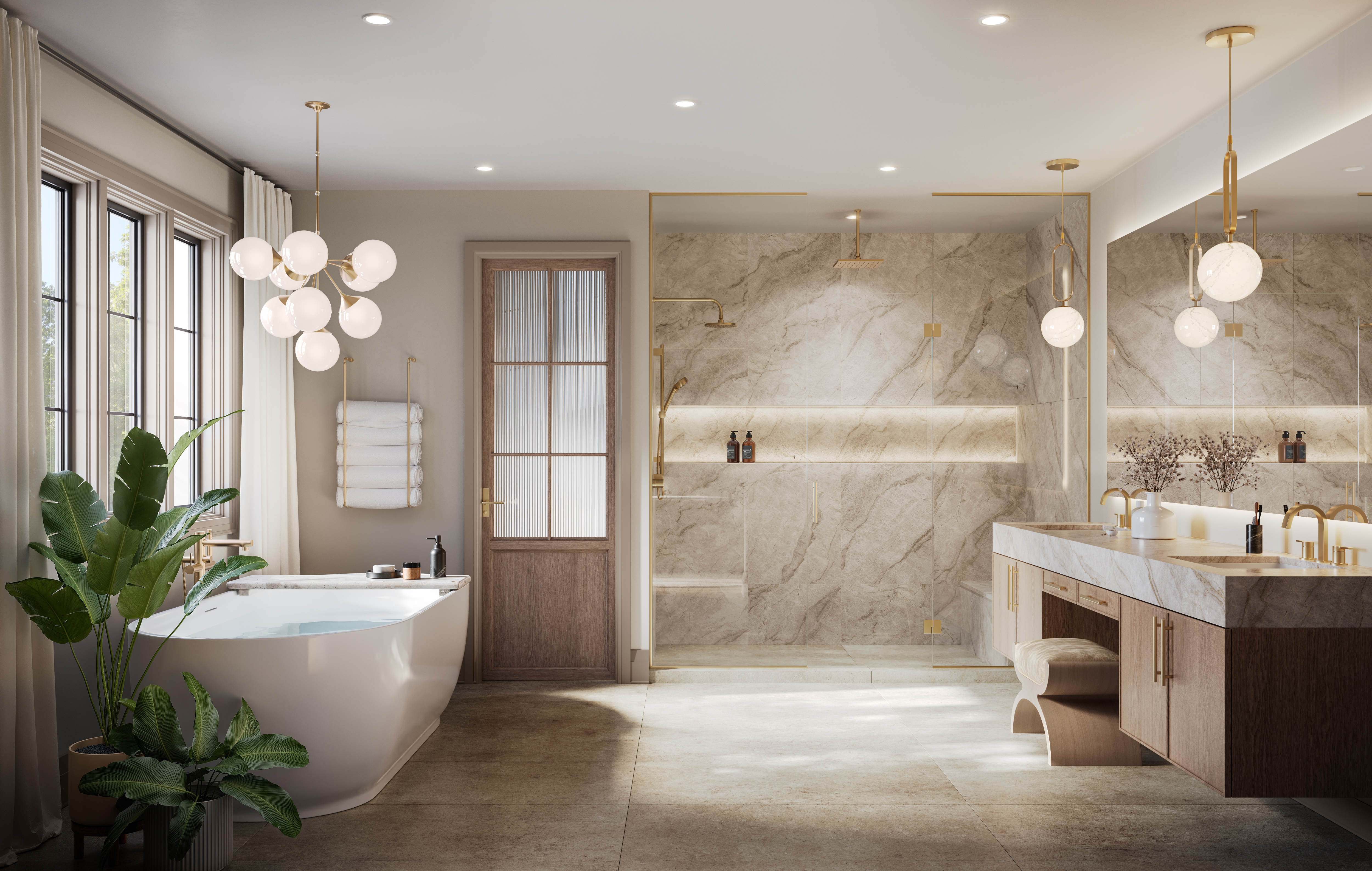 4211 Millcroft Park Dr, Burlington interior rendering of a spa-inspired primary ensuite bathroom with a freestanding soaker tub, marble shower, and double vanity at The Legacy.