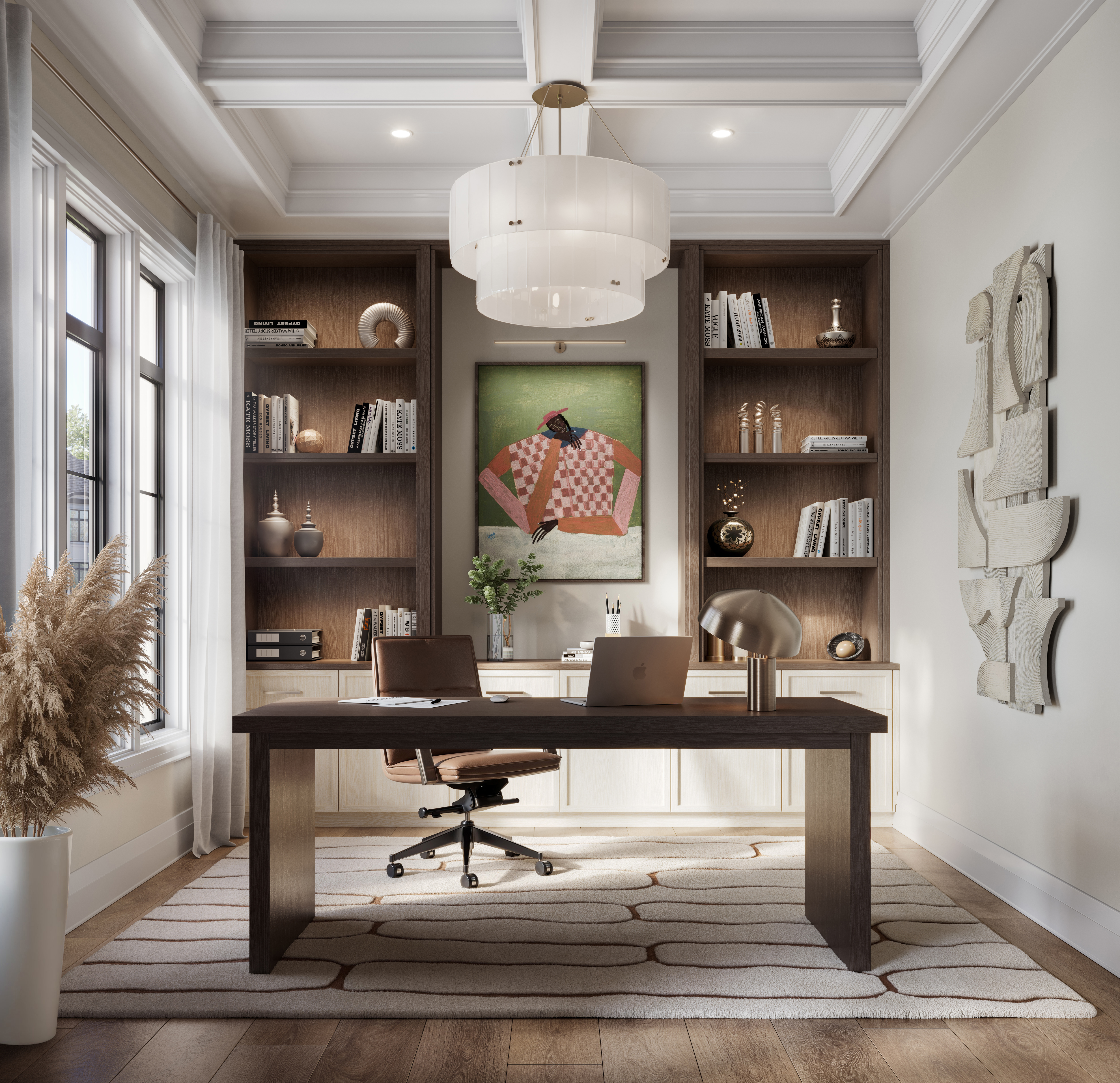 4211 Millcroft Park Dr, Burlington interior rendering of an executive home office and study with built-in dark wood bookshelves and large bright windows at The Legacy.