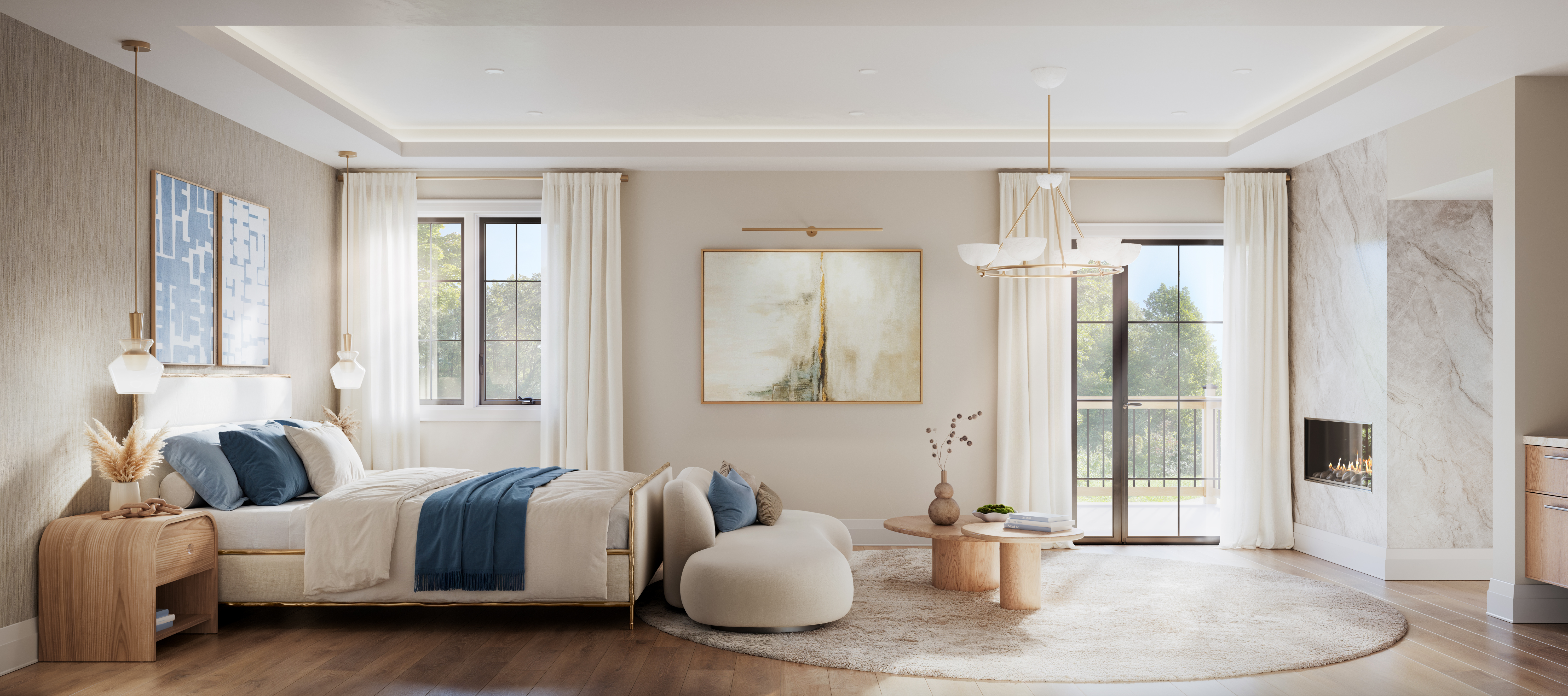 4211 Millcroft Park Dr, Burlington interior rendering of a spacious luxury primary bedroom suite with a separate lounge sitting area and a private balcony at The Legacy.