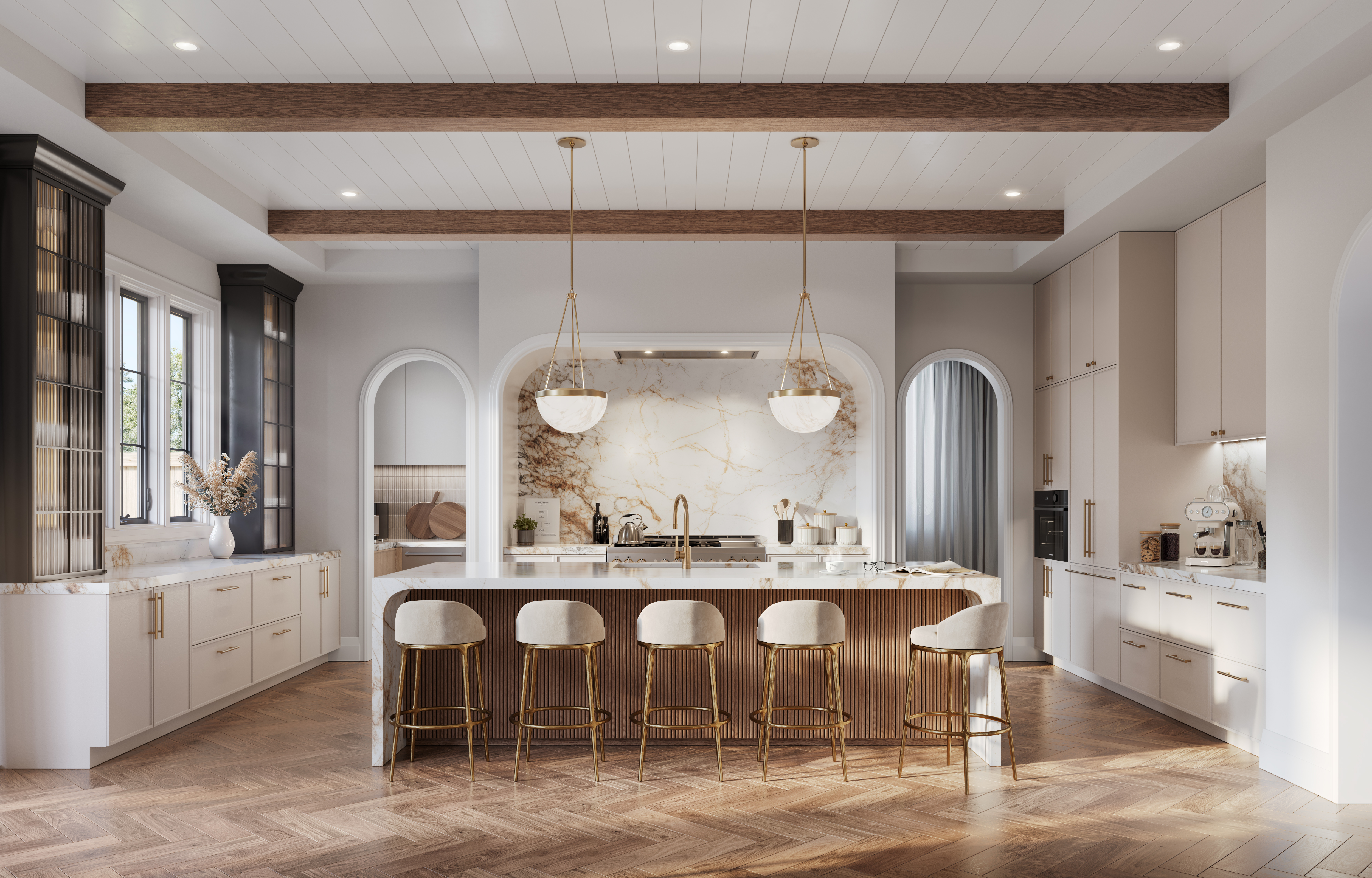 4211 Millcroft Park Dr, Burlington interior rendering of a modern open-concept luxury chef's kitchen with a large island, gold accents, and exposed ceiling beams at The Legacy.