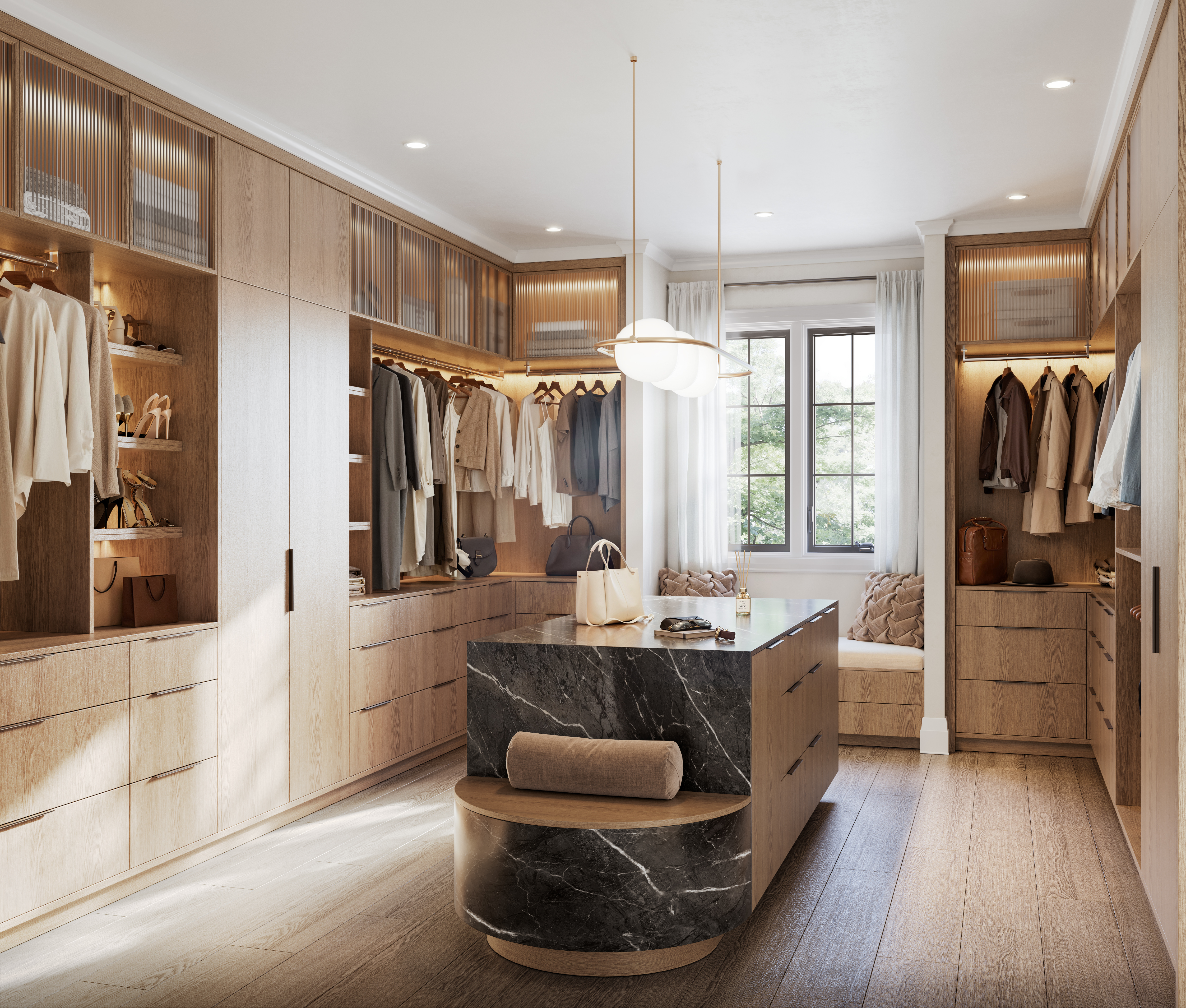 4211 Millcroft Park Dr, Burlington interior rendering of a custom boutique walk-in closet and dressing room featuring a marble-topped center island at The Legacy.