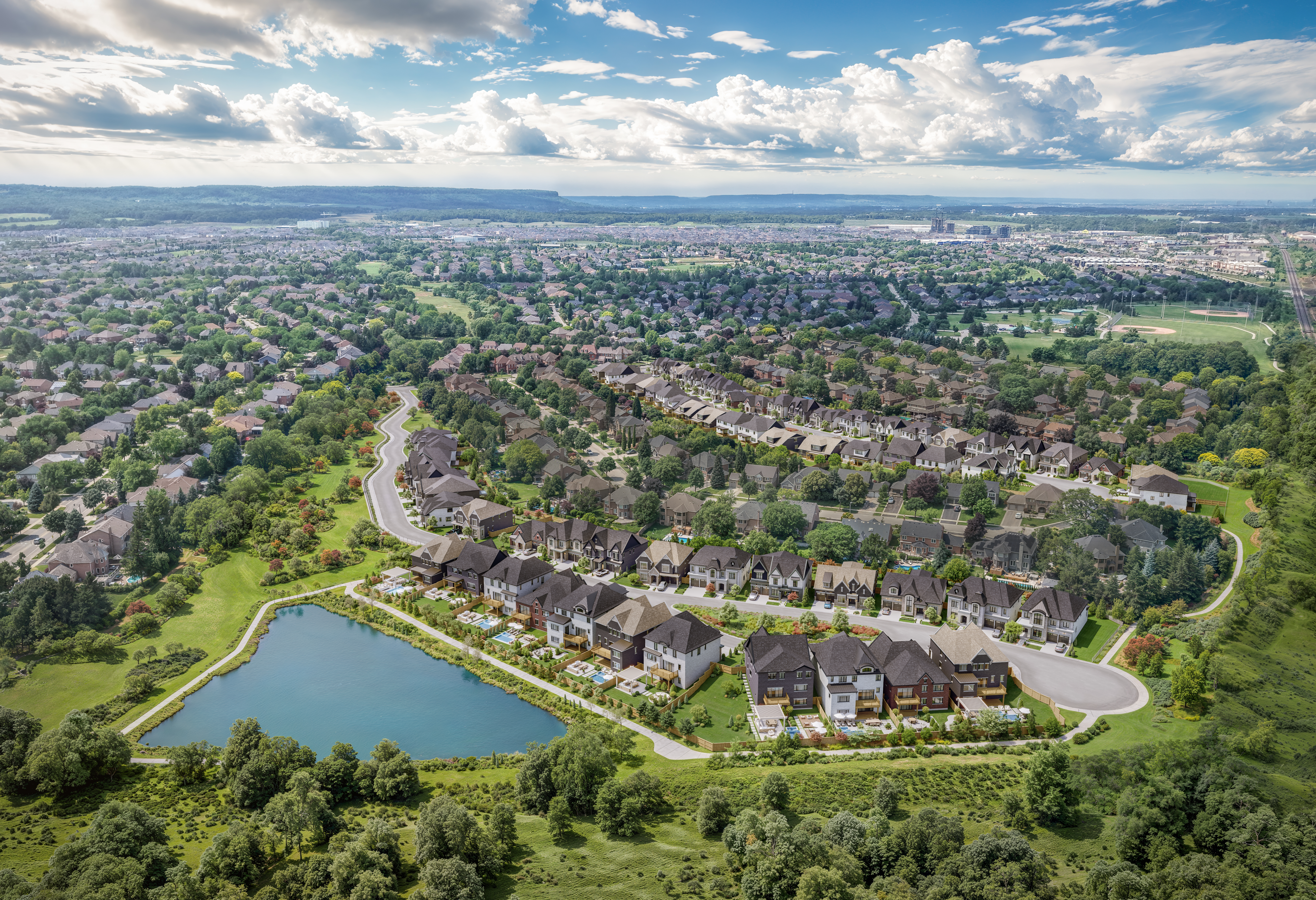 4211 Millcroft Park Dr, Burlington aerial view rendering of The Legacy residential community enclave integrated along the fairways of the Millcroft Golf Club.