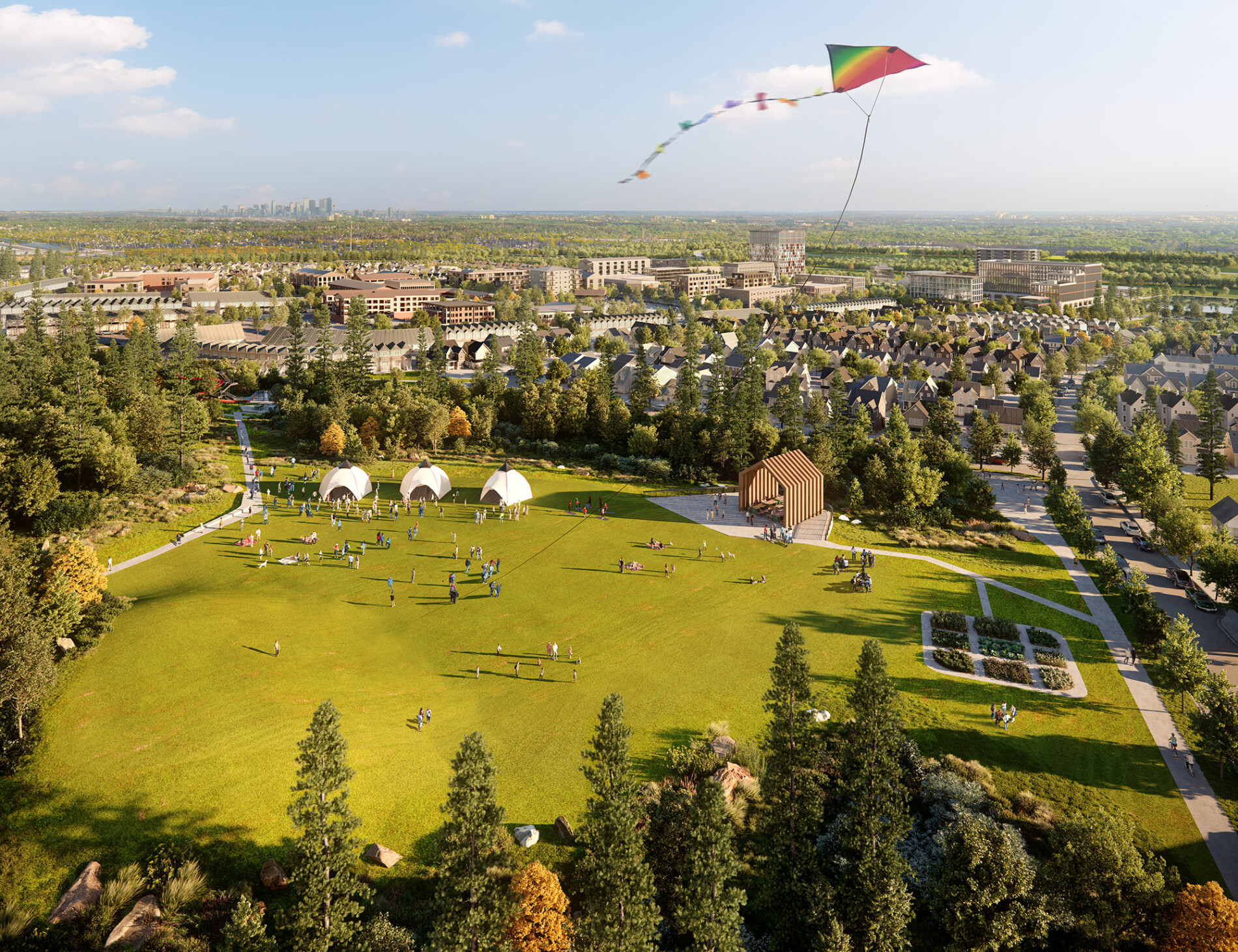 15020 Bow Trail SW Alpine Park Calgary high angle overview of central neighborhood park flying kites and community gardens