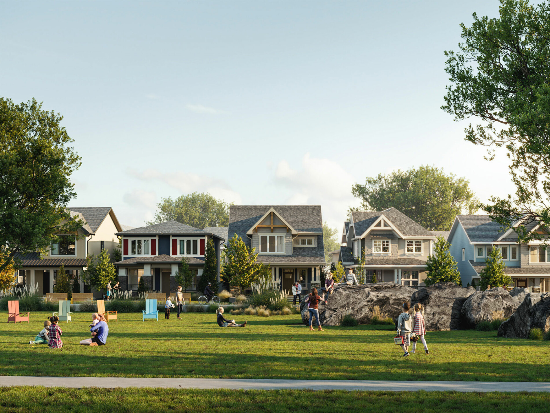 15020 Bow Trail SW Alpine Park Calgary families relaxing on grass courtyard facing rows of single family residential detached homes