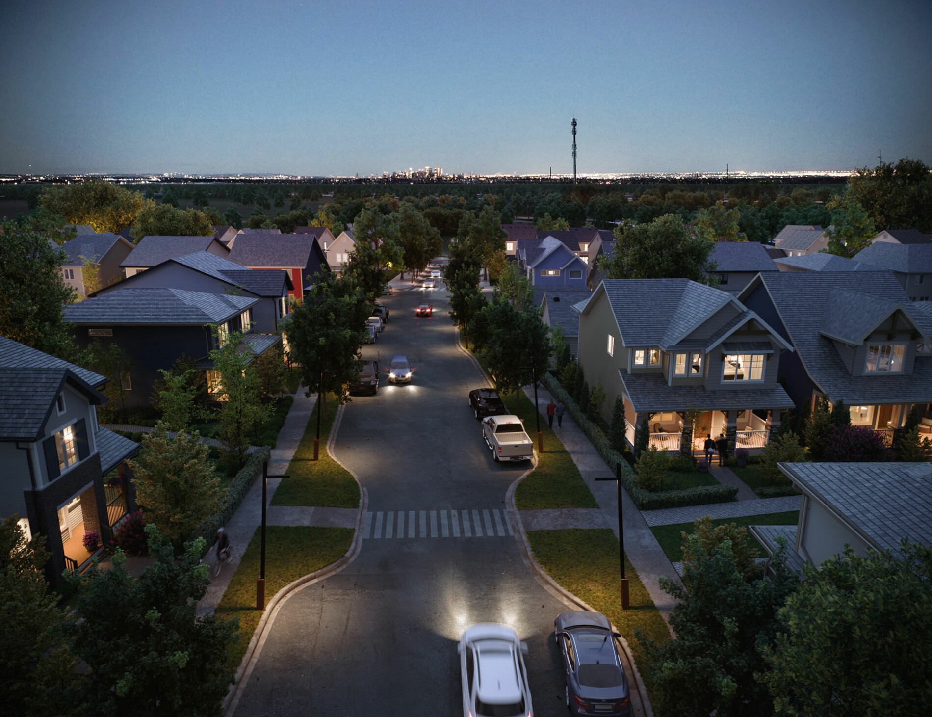15020 Bow Trail SW Alpine Park Calgary evening aerial view of quiet residential street lights and laned single family homes