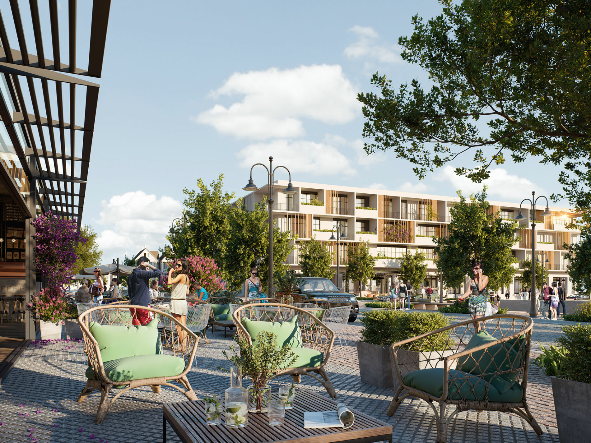15020 Bow Trail SW Alpine Park Calgary outdoor patio and lounge seating area at planned Village Centre commercial hub