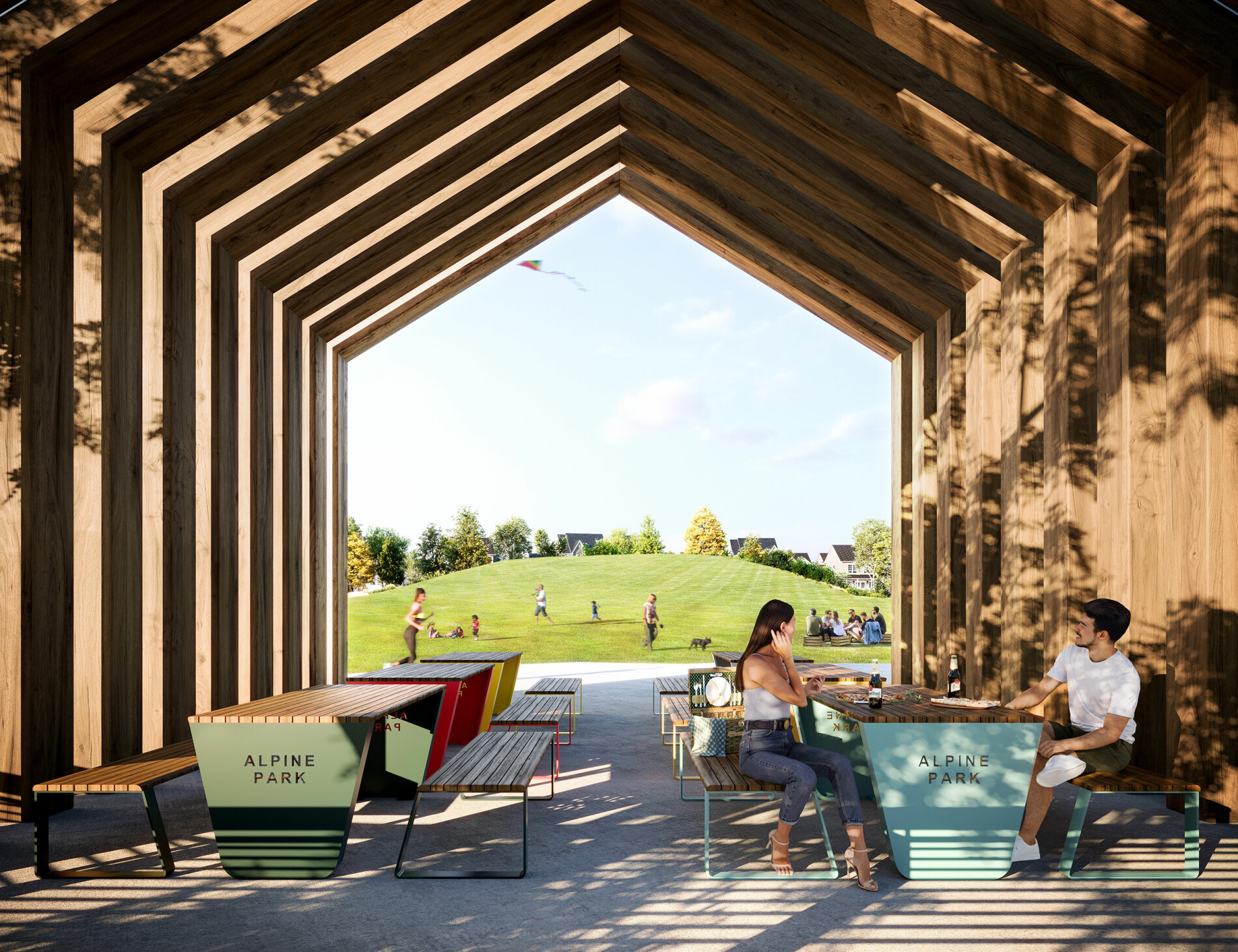 15020 Bow Trail SW Alpine Park Calgary modern wooden architectural park pavilion looking toward green grass hills