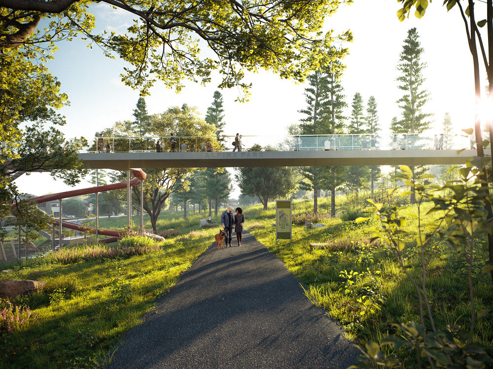 15020 Bow Trail SW Alpine Park Calgary elevated pedestrian walking bridge overlooking natural green space park