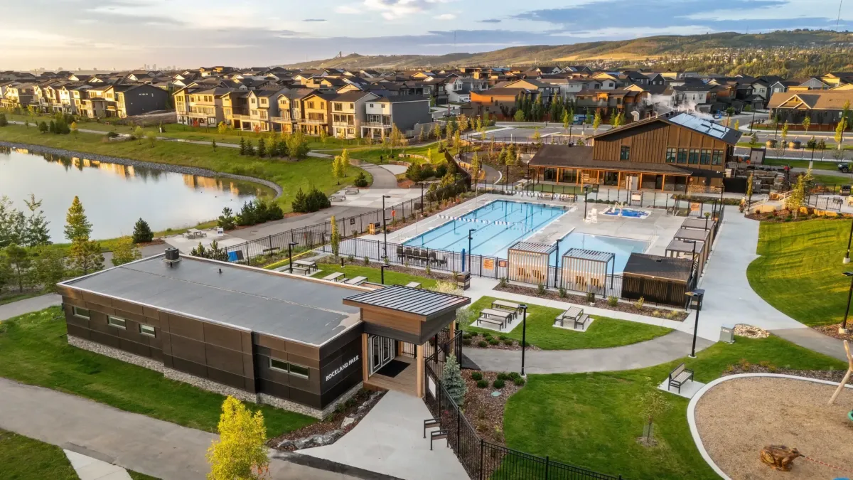 Rockland Park NW Calgary high angle aerial view of the outdoor community swimming pool facility and surrounding neighborhood.