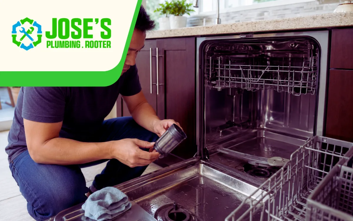Homeowner checking a filter when a dishwasher draining slowly in Santa Clara leaves water