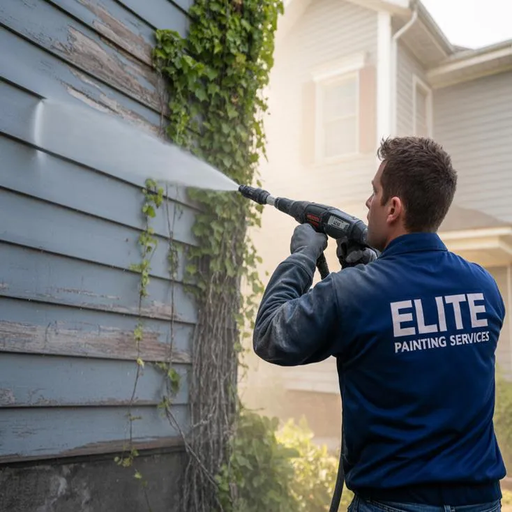 man waterblasting painted weatherboard