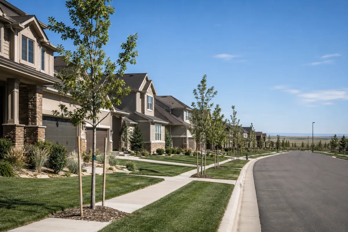 Young landscape trees in an east Aurora neighborhood
