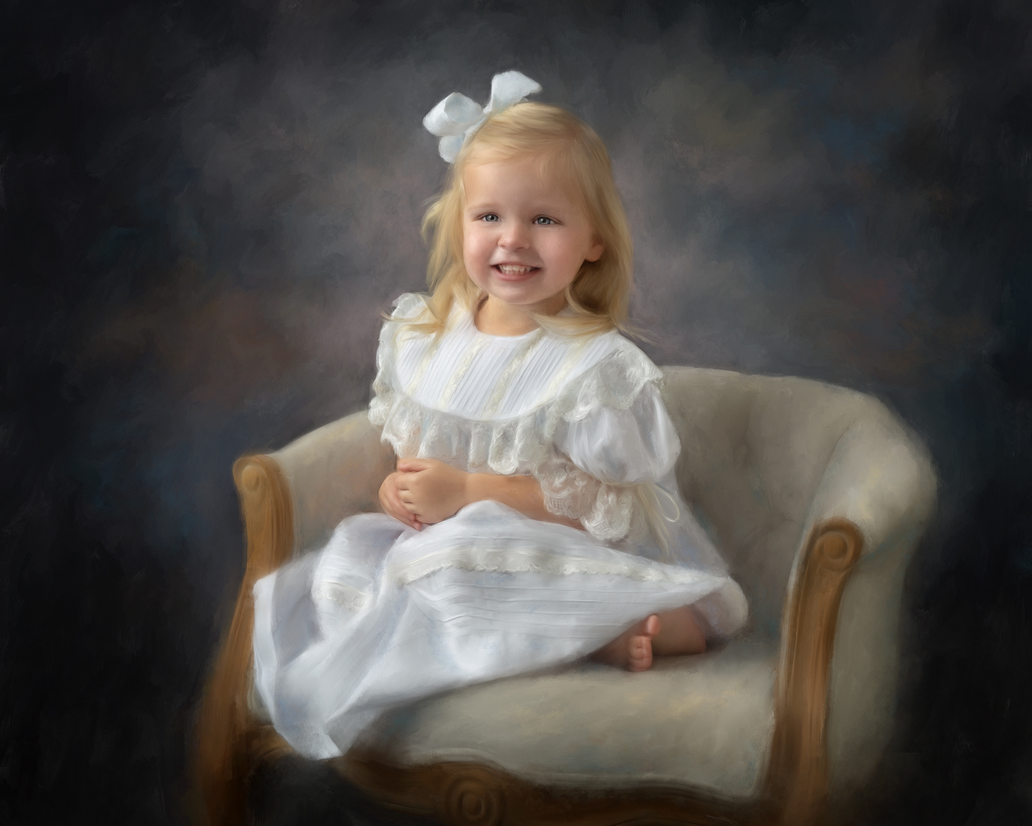Heirloom oil painting style portrait of a young girl seated in a classic upholstered chair, wearing a formal dress with soft warm tones, created by Phil Hyman Portraits in Greenville SC, capturing the timeless elegance of a professional children's portrait painted in a traditional fine art style.