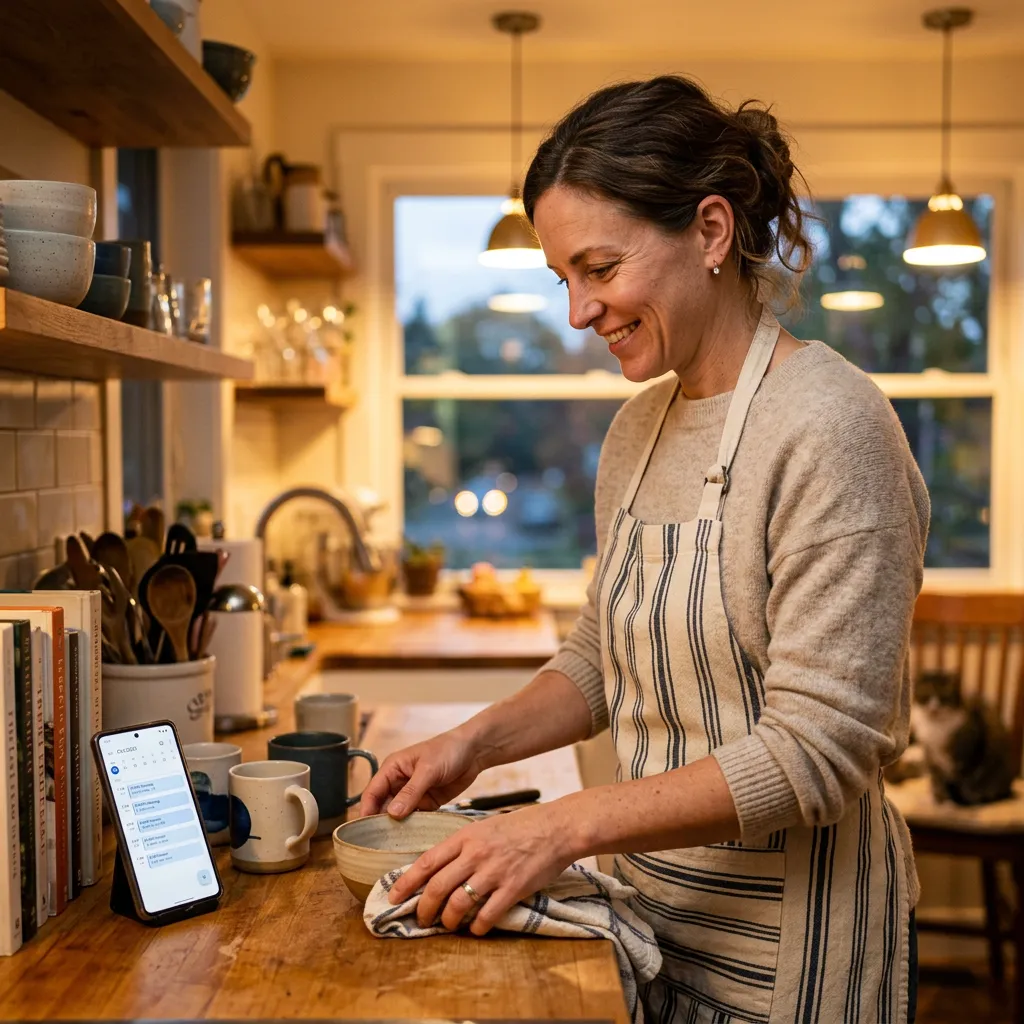Mom straightening a kitchen counter in the evening with a calendar open on the phone