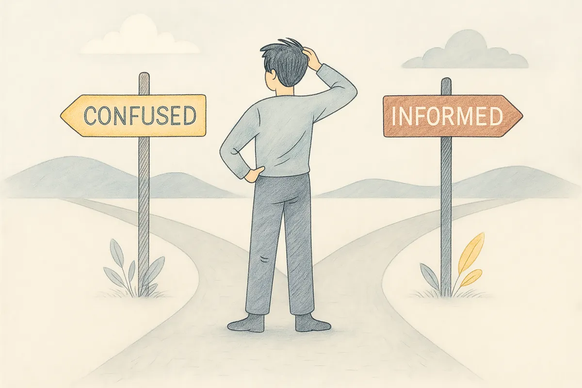 Person choosing informed legal direction at fork in the road.