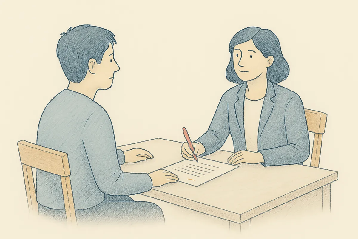 Lawyer speaking with client.