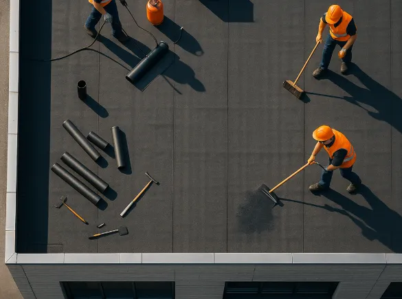 A close up of a roof with a tree in the background