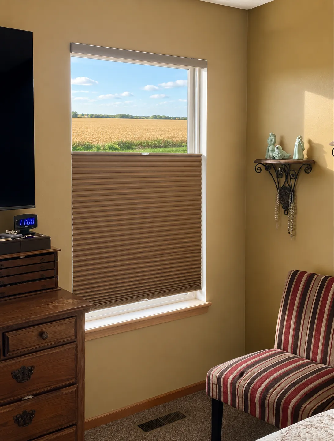 Bedroom with layered shades