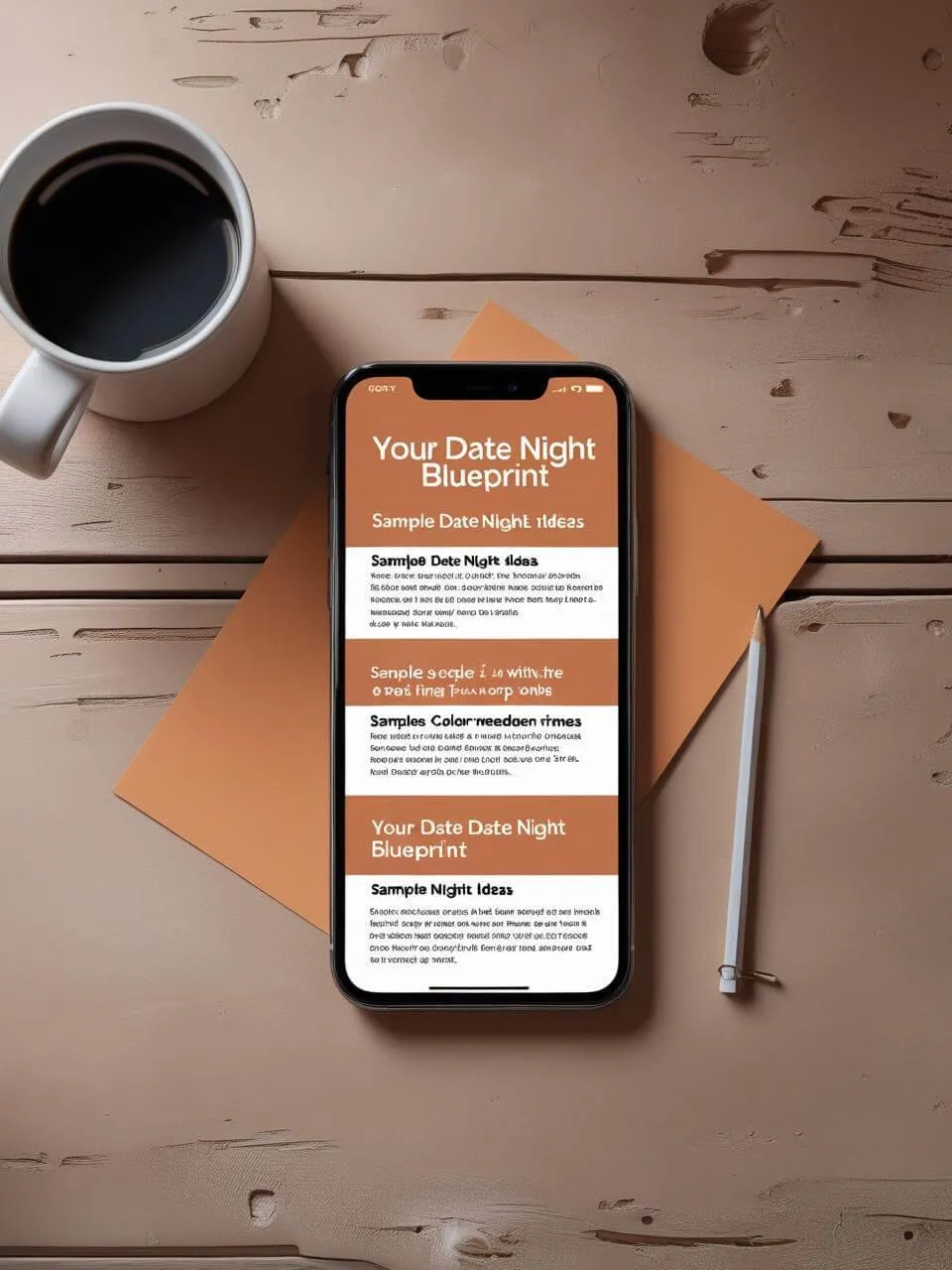 Smartphone showing The Date Night Blueprint with personalized date ideas like Taco Challenge and Thrift Store Hunt