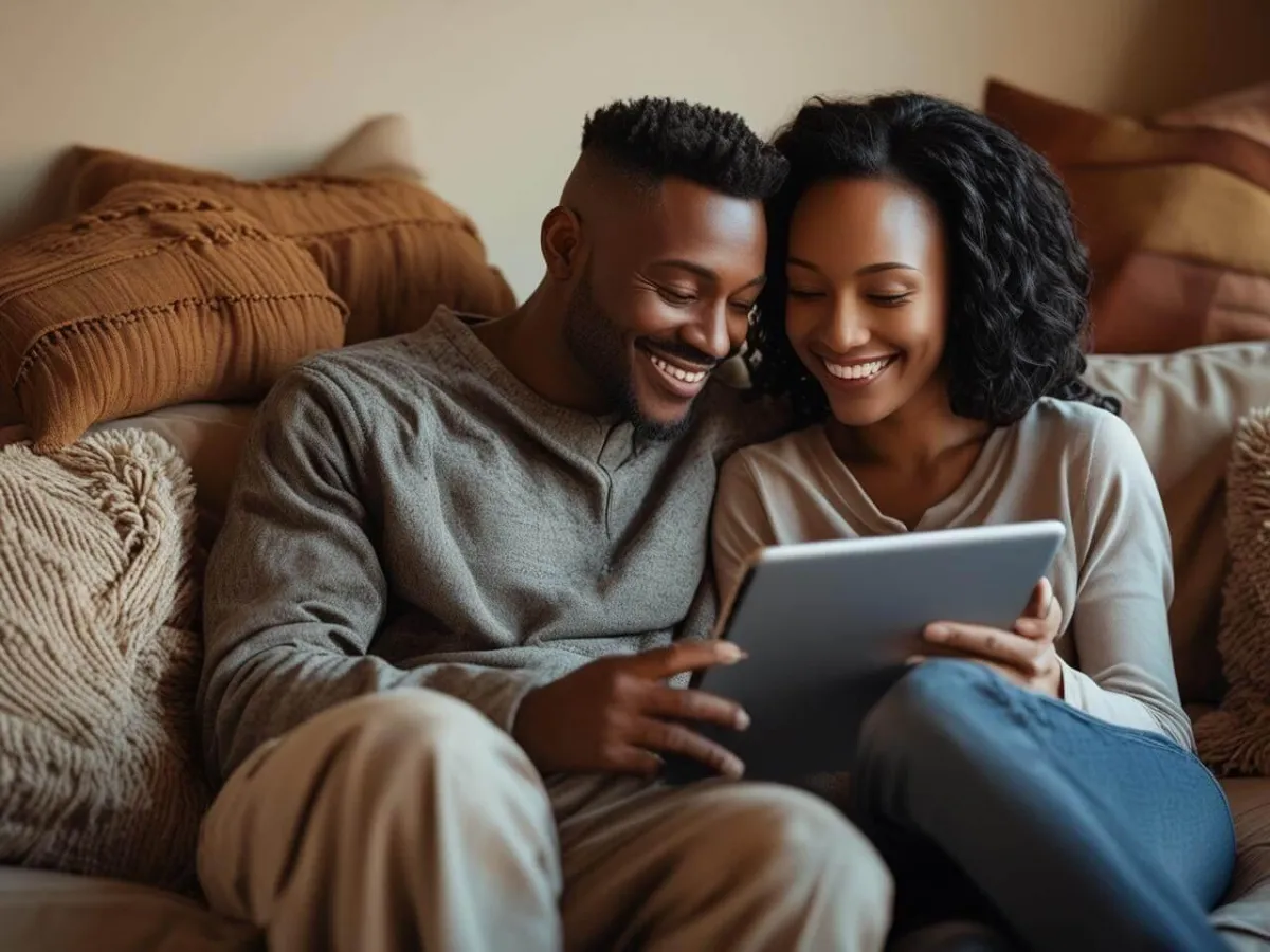 Young married couple laughing together on couch — representing connection and marriage happiness