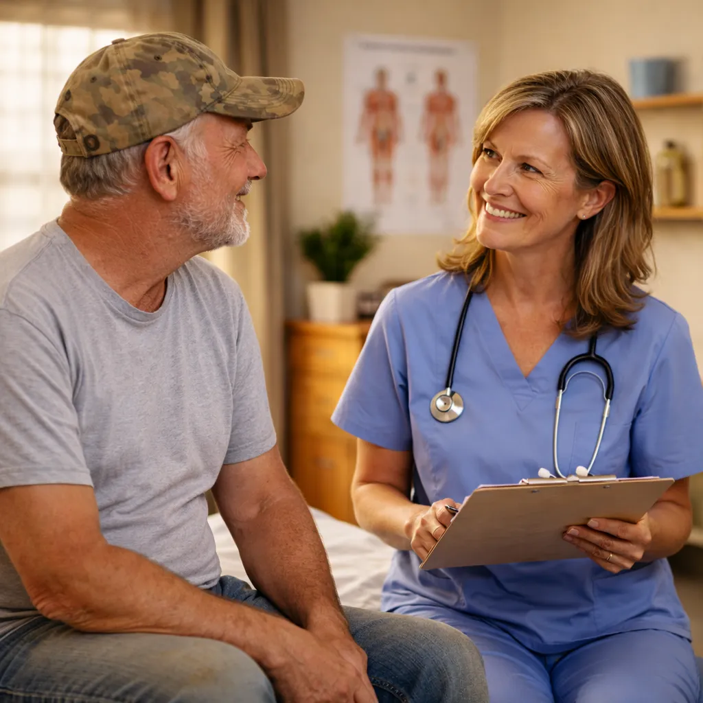 Senior reviewing benefits brochure at home