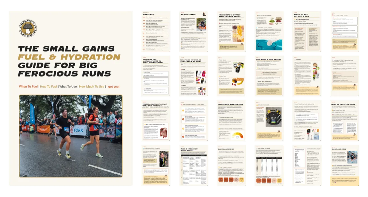 Layout of the small gains fuel and hydration guide showing each page and what is in the guide as an overview.
