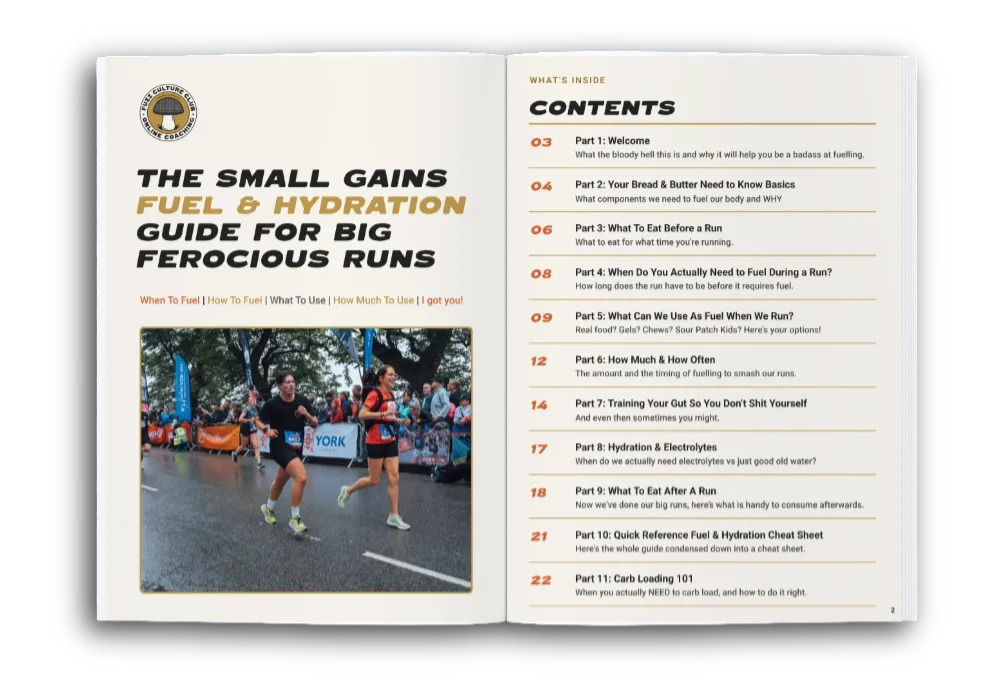The Small Gains Fuel & Hydration Guide for Big Ferocious Runs Guide Image showing the front page and the content list