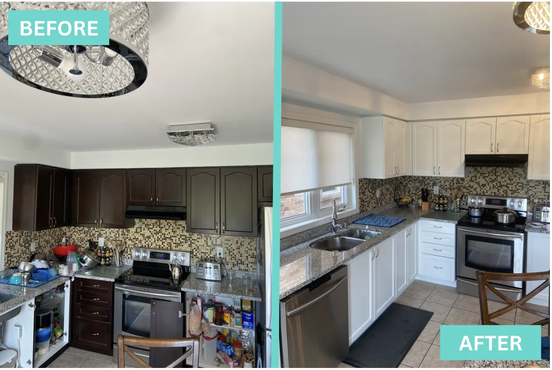 Refinished white cabinets with new doors and updated finish in Phoenix kitchen