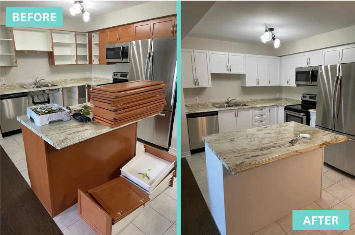 Outdated dark wood kitchen cabinets before refacing in a Phoenix home