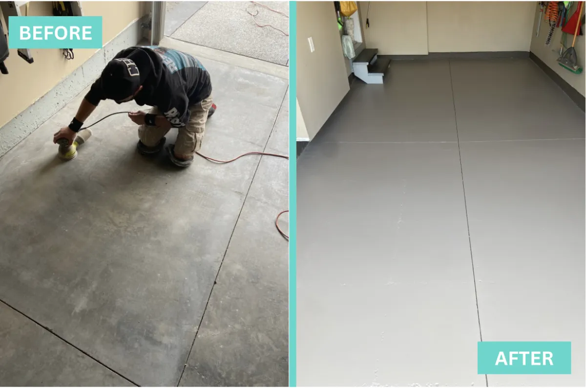 Garage floor being coated with paint during interior painting project in Phoenix