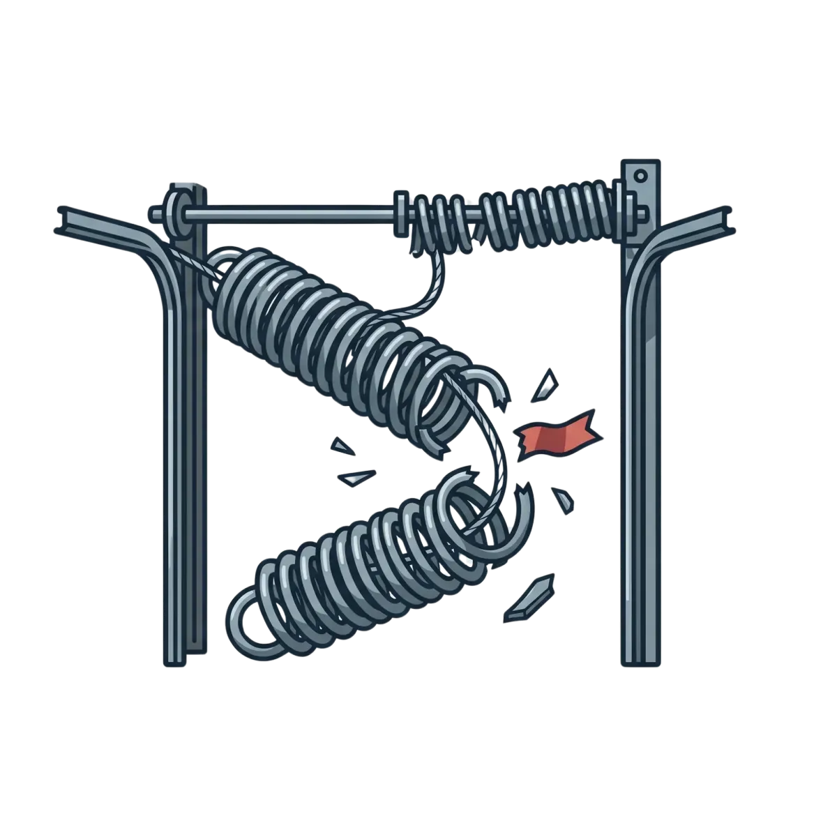 A cartoon illustration of a metallic tension spring that has snapped in the middle with a red flag indicating stress.