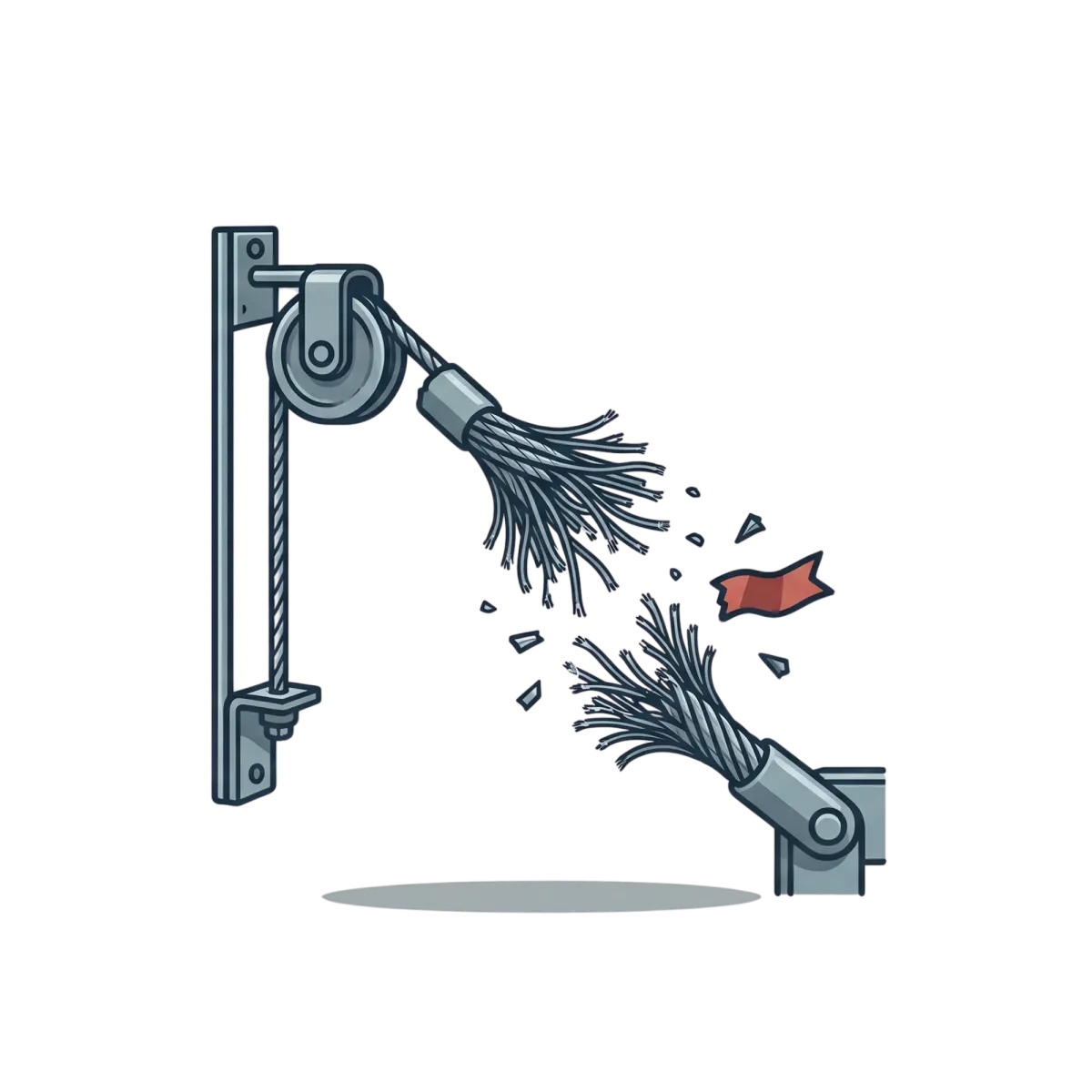 An illustration of a gray structural cable broken in the middle, held together by a pulley system, with a small red flag.